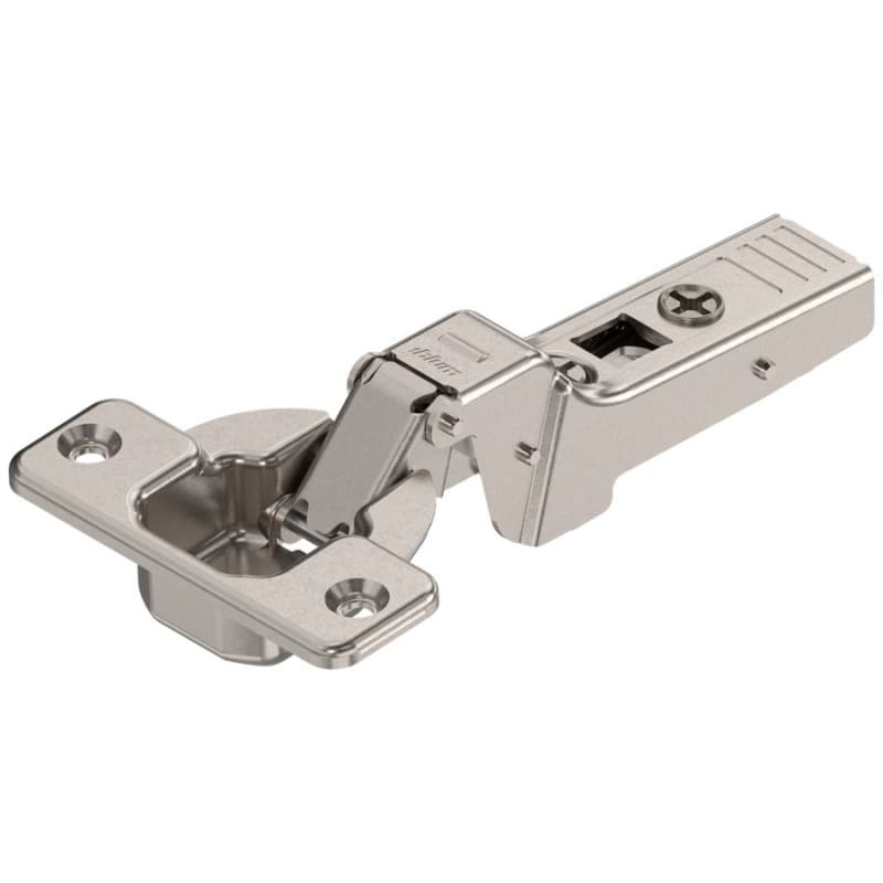 Clip Top 95° Opening Thick Door Hinge, 45mm Bore Pattern, Self-Closing, Half Overlay, Nickel-Plated, Screw-On