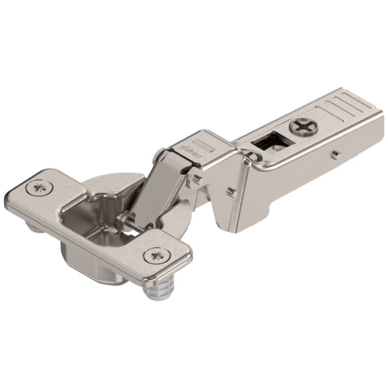 Clip Top 95° Opening Thick Door Hinge, 45mm Bore Pattern, Self-Closing, Half Overlay, Nickel-Plated, Dowelled