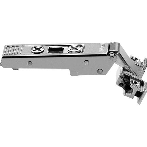 Clip Top 120° Opening Narrow Aluminum Door Hinge, 45mm Bore Pattern, Self-Closing, Overlay, Nickel-Plated, Screw-On