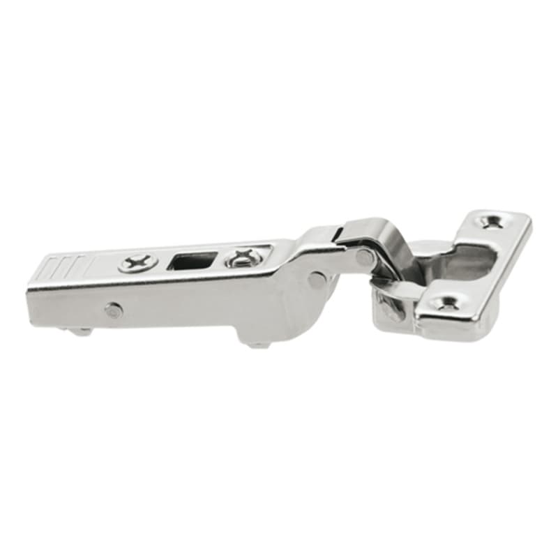 Clip Top 94° Opening Mini Hinge, 38mm Bore Pattern, Self-Closing, Half Overlay, Nickel-Plated, Screw-On