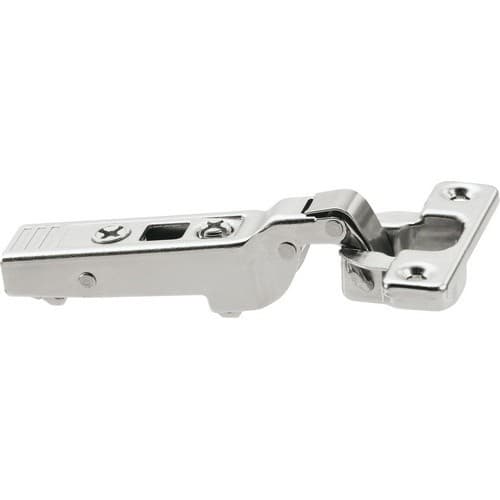 Clip Top 94° Opening Mini Hinge, 38mm Bore Pattern, Self-Closing, Half Overlay, Nickel-Plated, Screw-On