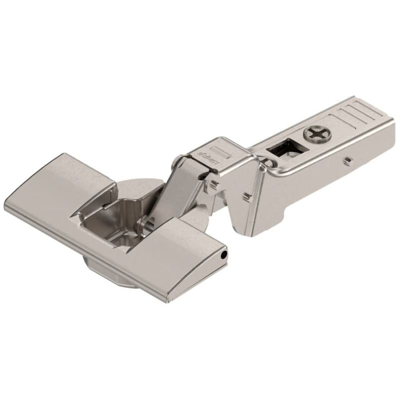Clip Top 95° Opening Thick Door Hinge, 45mm Bore Pattern, Self-Closing, Half Overlay, Nickel-Plated, Inserta