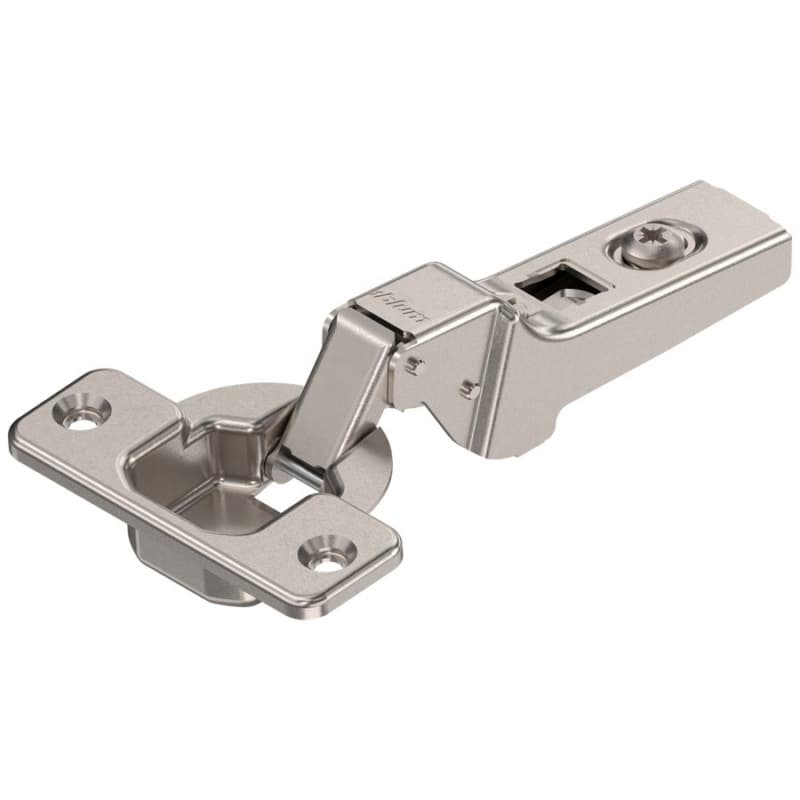 Clip 100° Opening Hinge, 45mm Bore Pattern, Free-Swinging, Half Overlay, Nickel-Plated, Screw-On