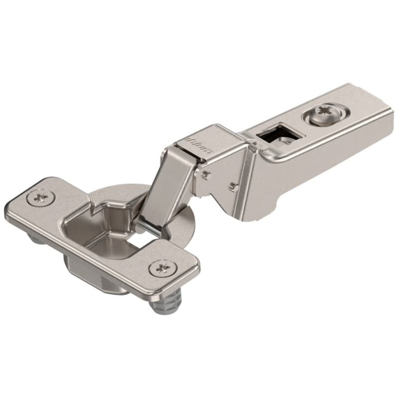 Clip 100° Opening Hinge, 45mm Bore Pattern, Self-Closing, Half Overlay, Nickel-Plated, Dowelled