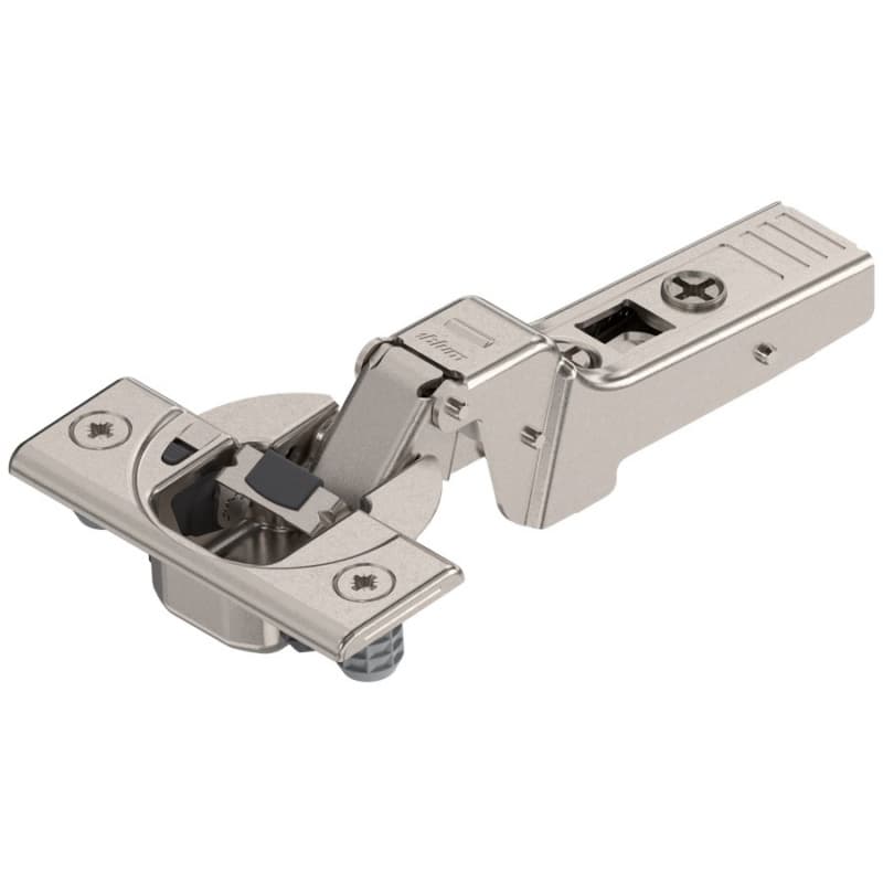Clip Top 95° Opening Thick Door Hinge, 45mm Bore Pattern, Soft-Closing, Half Overlay, Nickel-Plated, Dowelled
