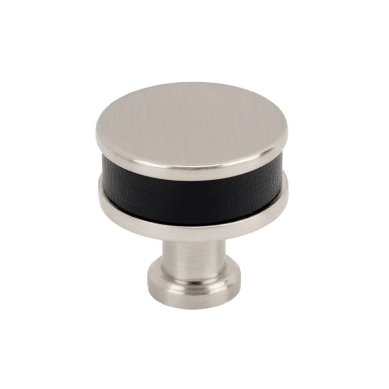 32mm Fairlane Cabinet Knob, Black Leather/Satin Nickel