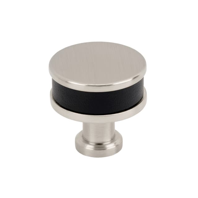 32mm Fairlane Cabinet Knob, Black Leather/Satin Nickel