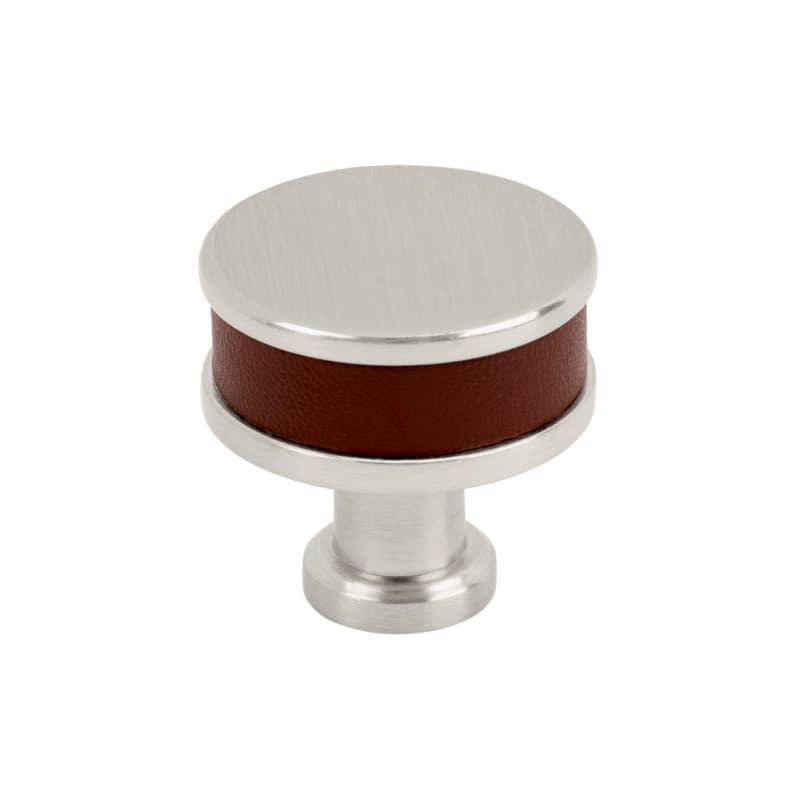 32mm Fairlane Cabinet Knob, Brown Leather/Satin Nickel