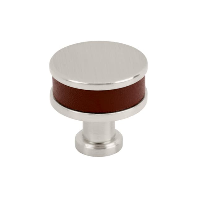 32mm Fairlane Cabinet Knob, Brown Leather/Satin Nickel