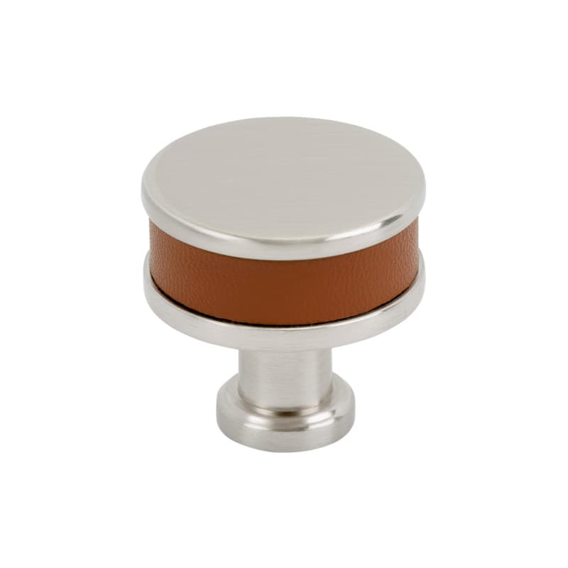 32mm Fairlane Cabinet Knob, Cognac Leather/Satin Nickel