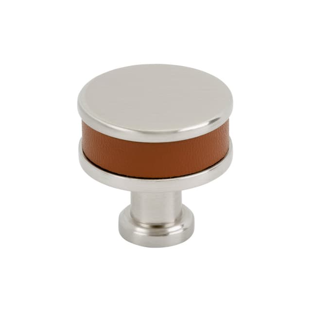 32mm Fairlane Cabinet Knob, Cognac Leather/Satin Nickel