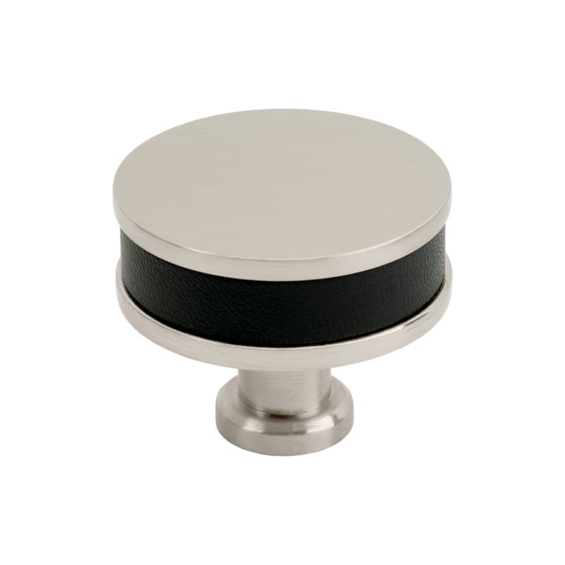 38mm Fairlane Cabinet Knob, Black Leather/Satin Nickel