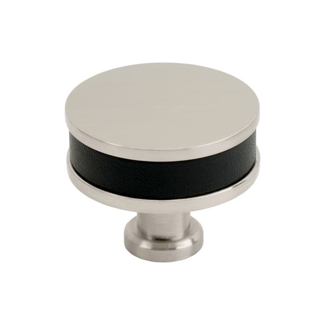 38mm Fairlane Cabinet Knob, Black Leather/Satin Nickel