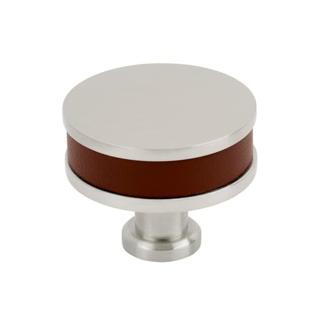38mm Fairlane Cabinet Knob, Brown Leather/Satin Nickel