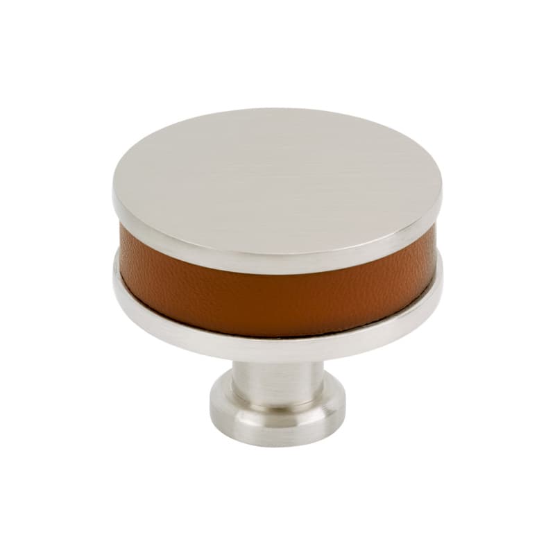 38mm Fairlane Cabinet Knob, Cognac Leather/Satin Nickel