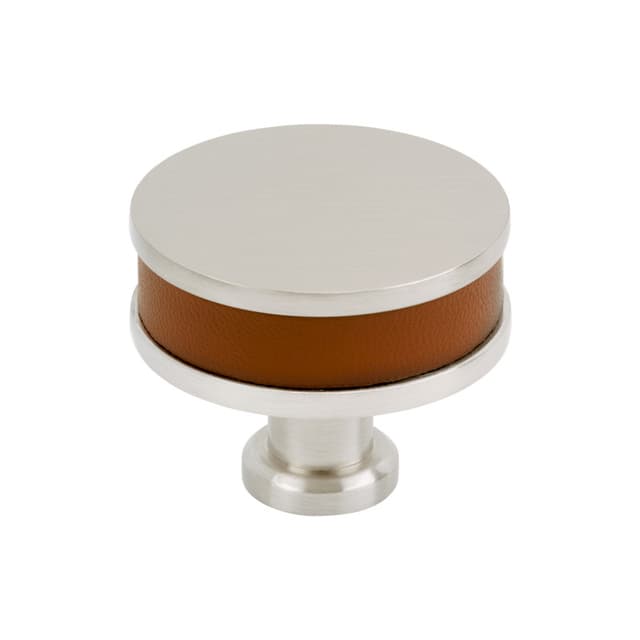 38mm Fairlane Cabinet Knob, Cognac Leather/Satin Nickel