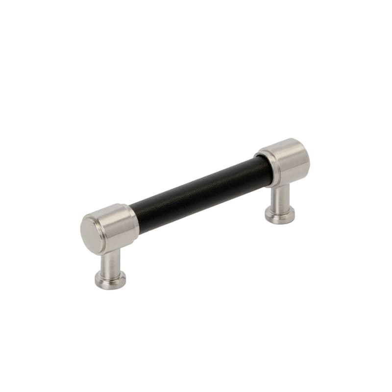 96mm Fairlane Cabinet Pull, Black Leather/Satin Nickel