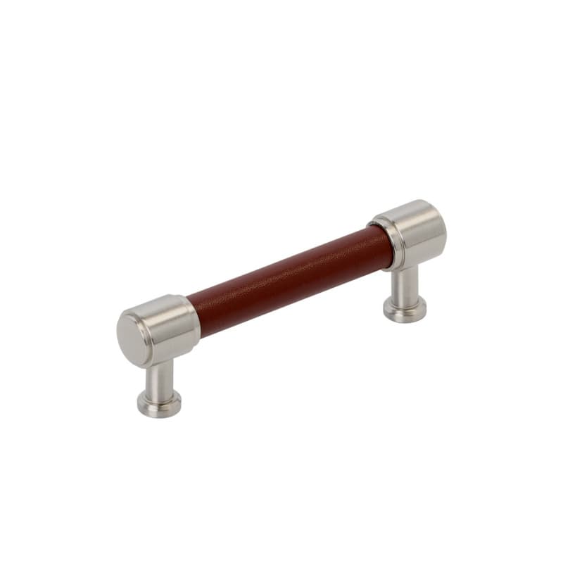 96mm Fairlane Cabinet Pull, Brown Leather/Satin Nickel