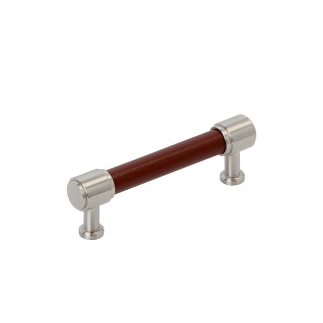 96mm Fairlane Cabinet Pull, Brown Leather/Satin Nickel