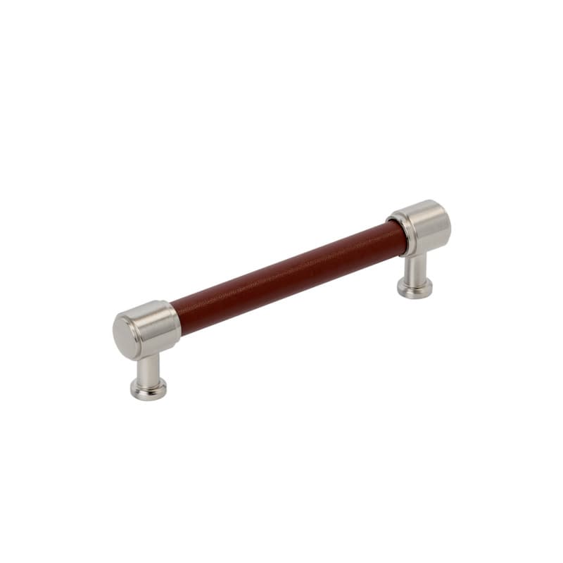 128mm Fairlane Cabinet Pull, Brown Leather/Satin Nickel