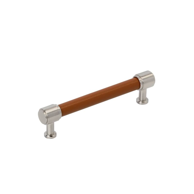 128mm Fairlane Cabinet Pull, Cognac Leather/Satin Nickel