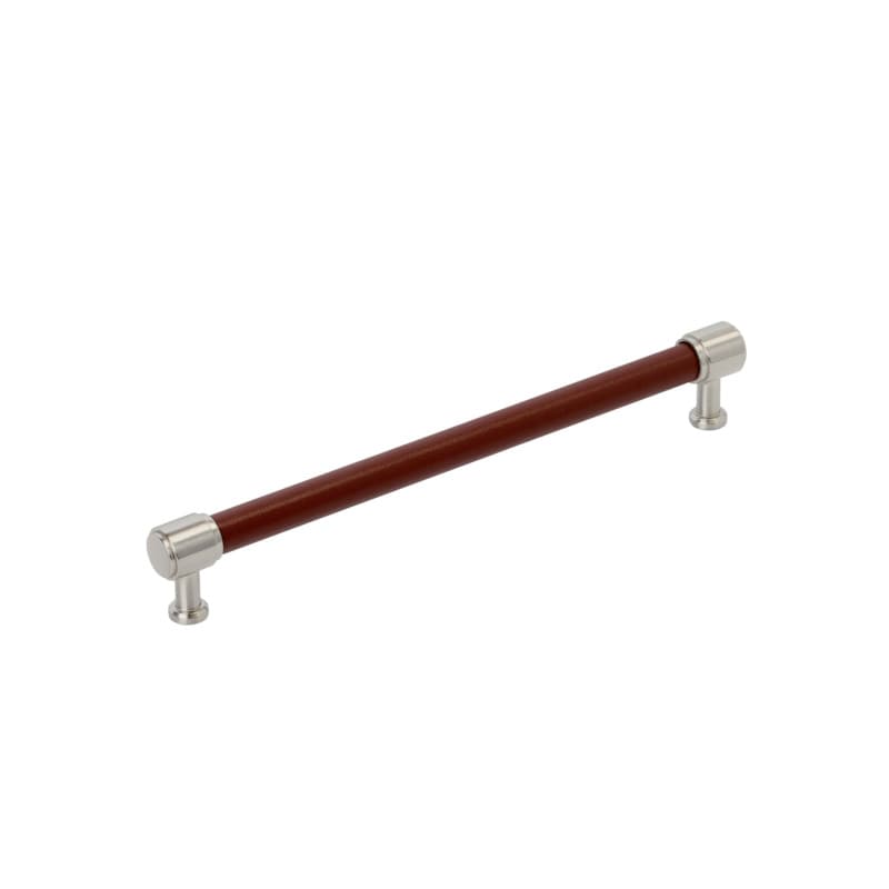 224mm Fairlane Cabinet Pull, Brown Leather/Satin Nickel