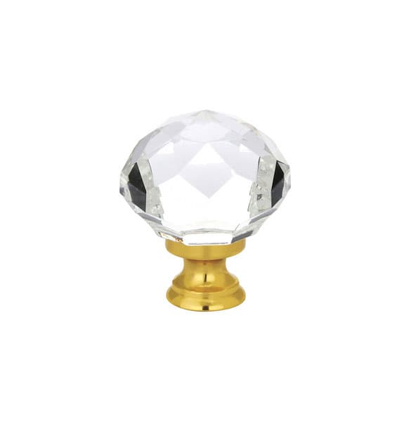 1-3/4" Diamond Glass Wardrobe Cabinet Knob, Polished Brass