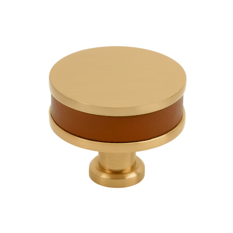 38mm Fairlane Cabinet Knob, Cognac Leather/Champagne Bronze