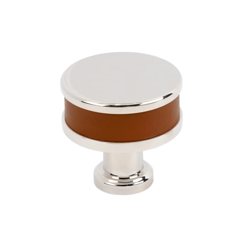 32mm Fairlane Cabinet Knob, Cognac Leather/Polished Nickel