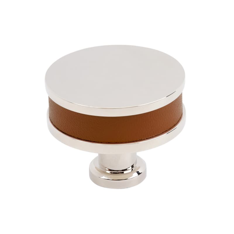 38mm Fairlane Cabinet Knob, Cognac Leather/Polished Nickel