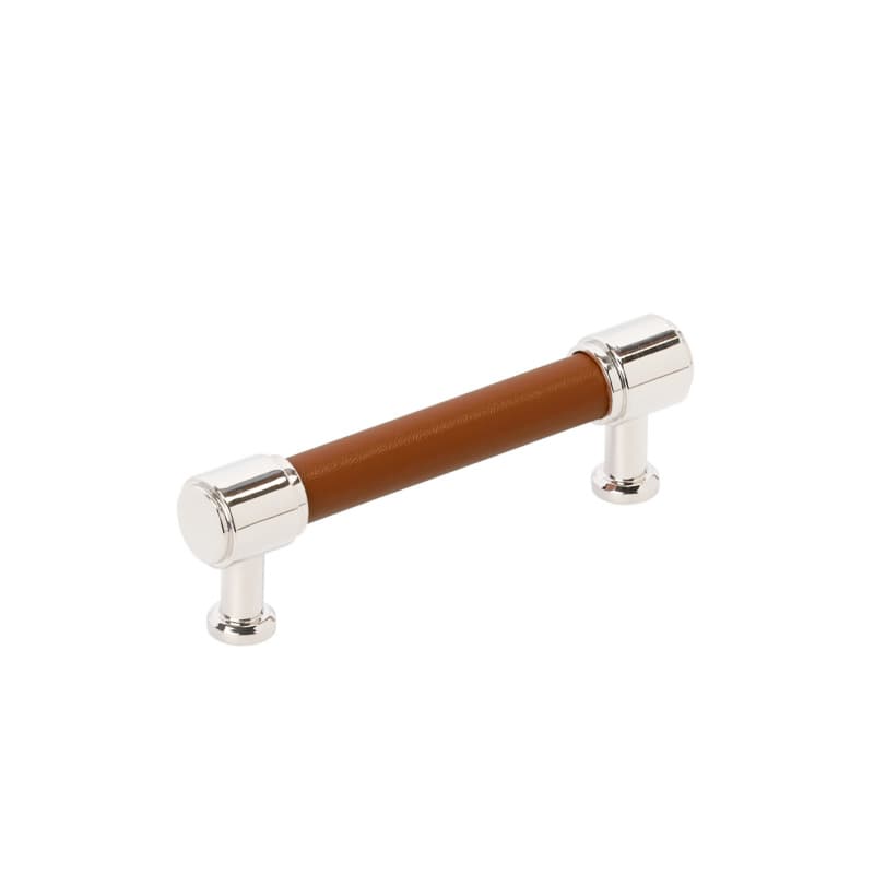 96mm Fairlane Cabinet Pull, Cognac Leather/Polished Nickel