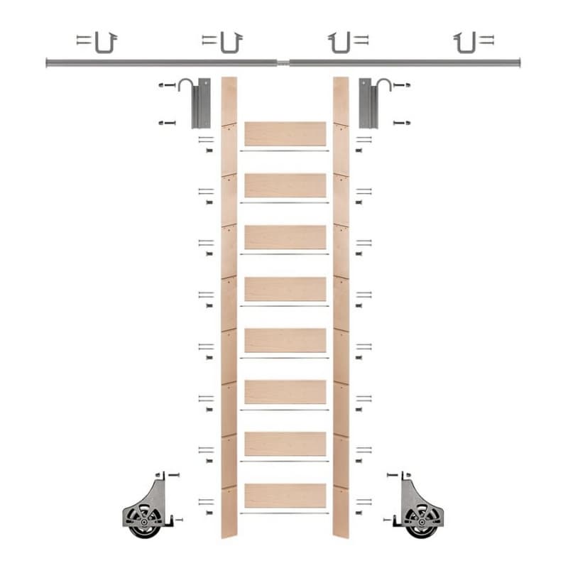 107" Unfinished Maple Library Ladder/Sliding Hook Ladder Kit with 8' Rail, Satin Nickel