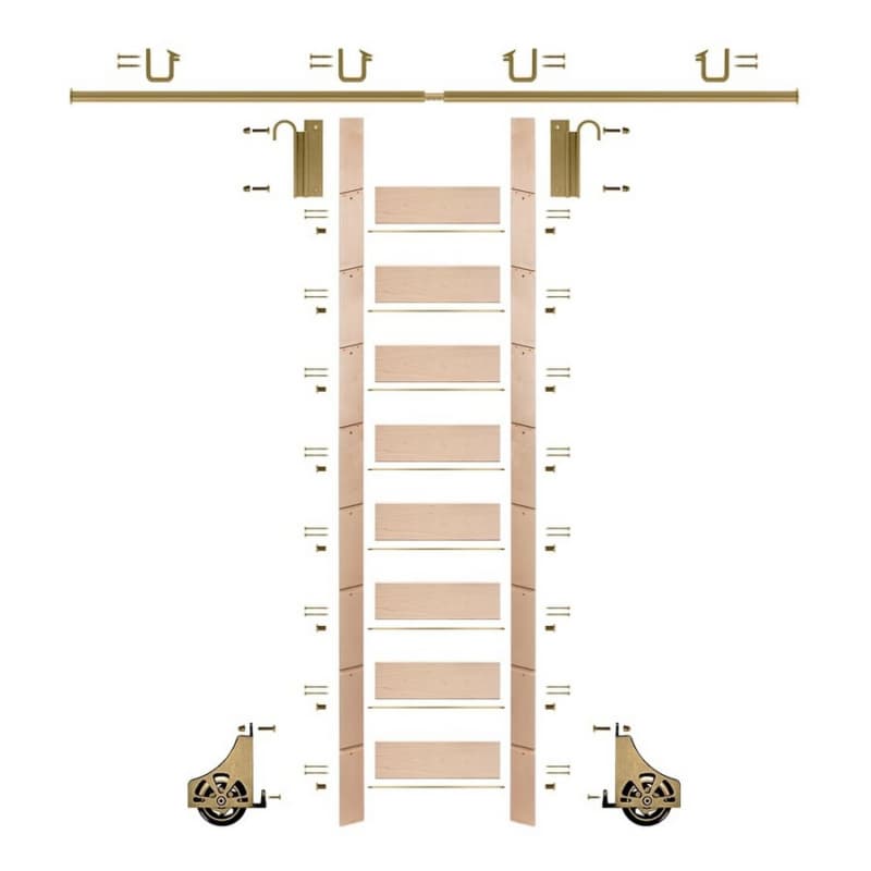 107" Clear Prefinished Maple Library Ladder/Sliding Hook Ladder Kit with 8' Rail, Polished Brass