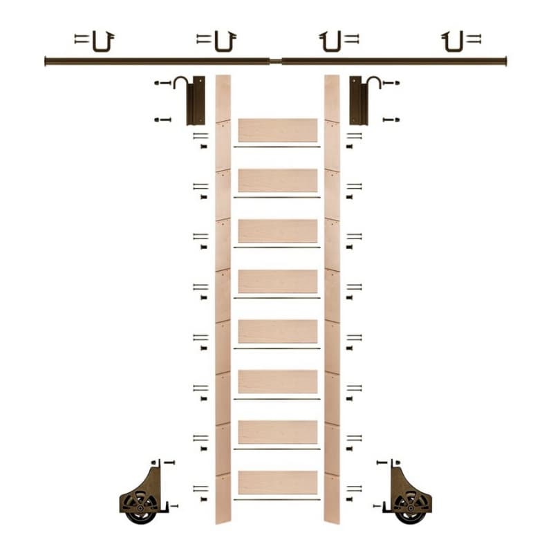 107" Clear Prefinished Maple Library Ladder/Sliding Hook Ladder Kit with 8' Rail, Bronze