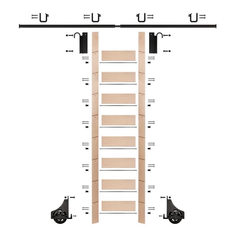 107" Unfinished Maple Library Ladder/Sliding Hook Ladder Kit with 8' Rail, Black
