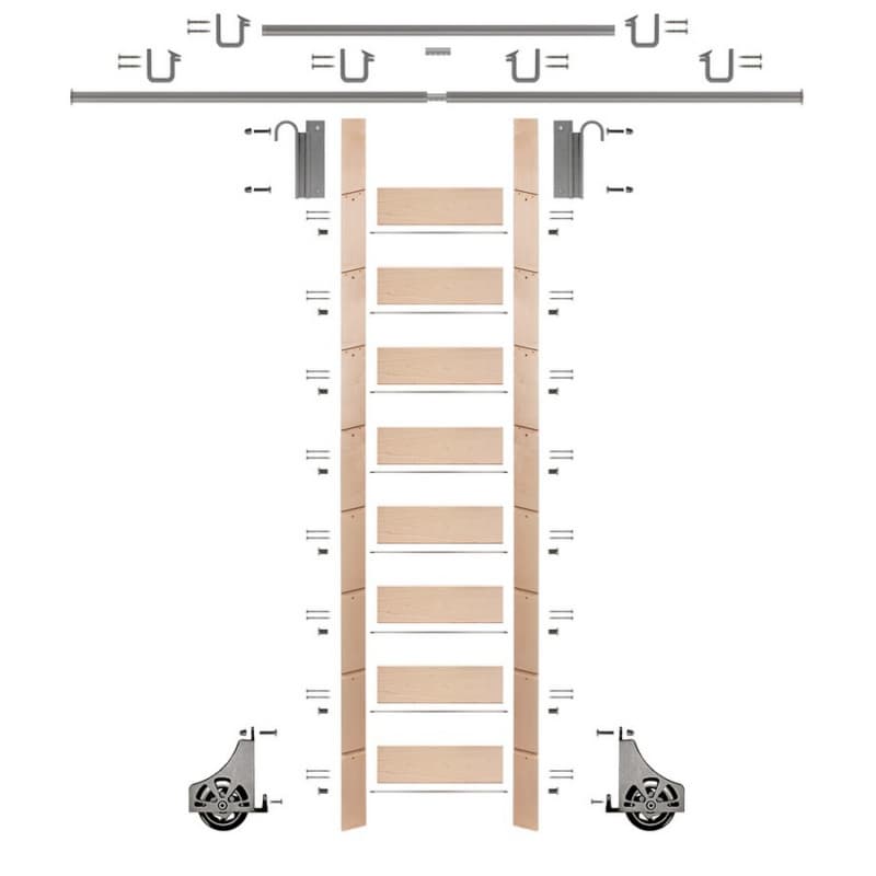 107" Unfinished Maple Library Ladder/Sliding Hook Ladder Kit with 12' Rail, Satin Nickel