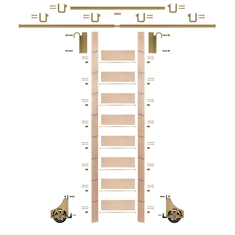 107" Unfinished Maple Library Ladder/Sliding Hook Ladder Kit with 12' Rail, Polished Brass