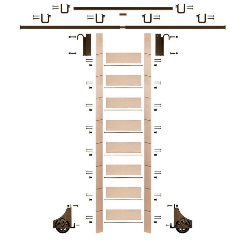 107" Clear Prefinished Maple Library Ladder/Sliding Hook Ladder Kit with 12' Rail, Bronze