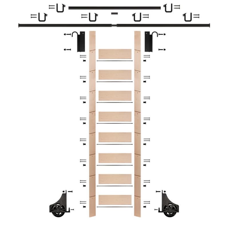 107" Clear Prefinished Maple Library Ladder/Sliding Hook Ladder Kit with 12' Rail, Black
