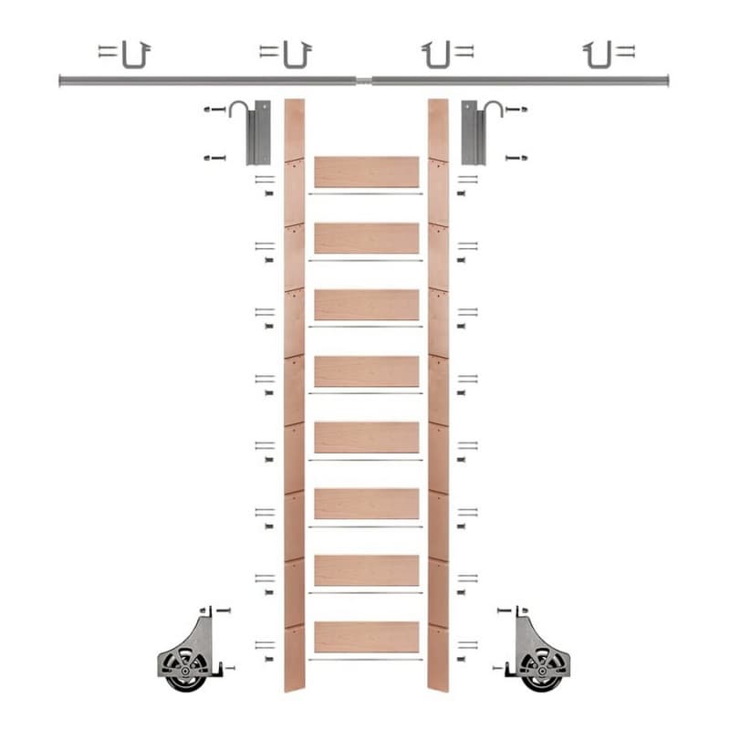 107" Unfinished Red Oak Library Ladder/Sliding Hook Ladder Kit with 8' Rail, Satin Nickel