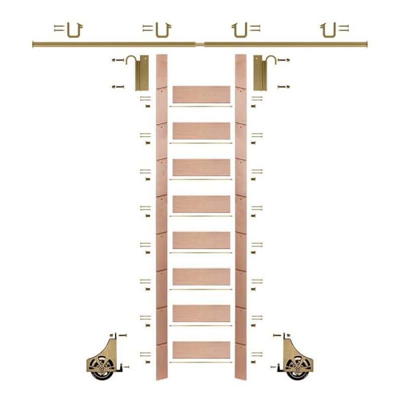 107" Unfinished Red Oak Library Ladder/Sliding Hook Ladder Kit with 8' Rail, Polished Brass