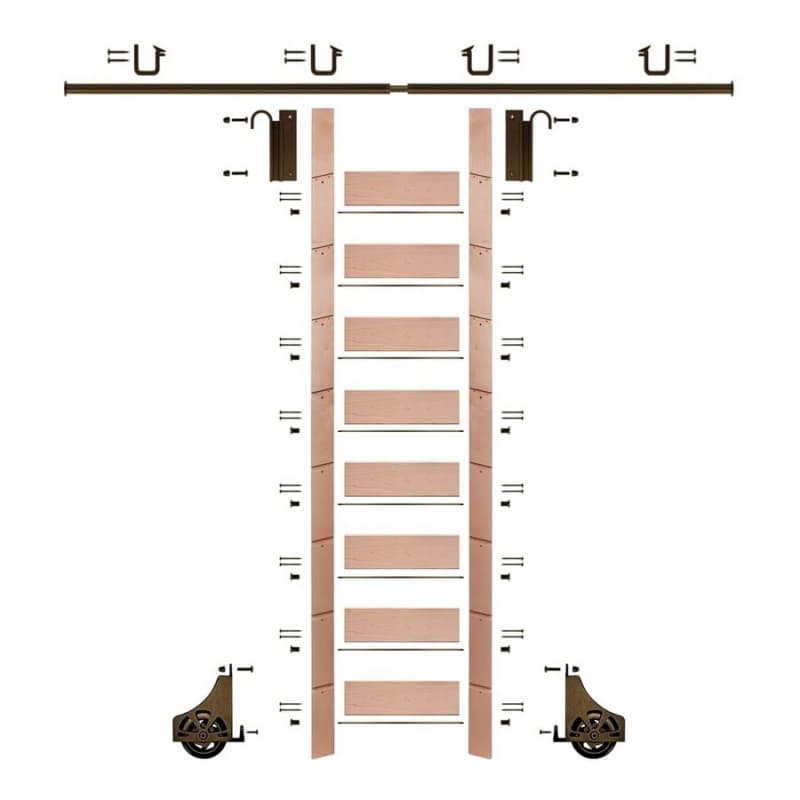 107" Clear Prefinished Red Oak Library Ladder/Sliding Hook Ladder Kit with 8' Rail, Bronze