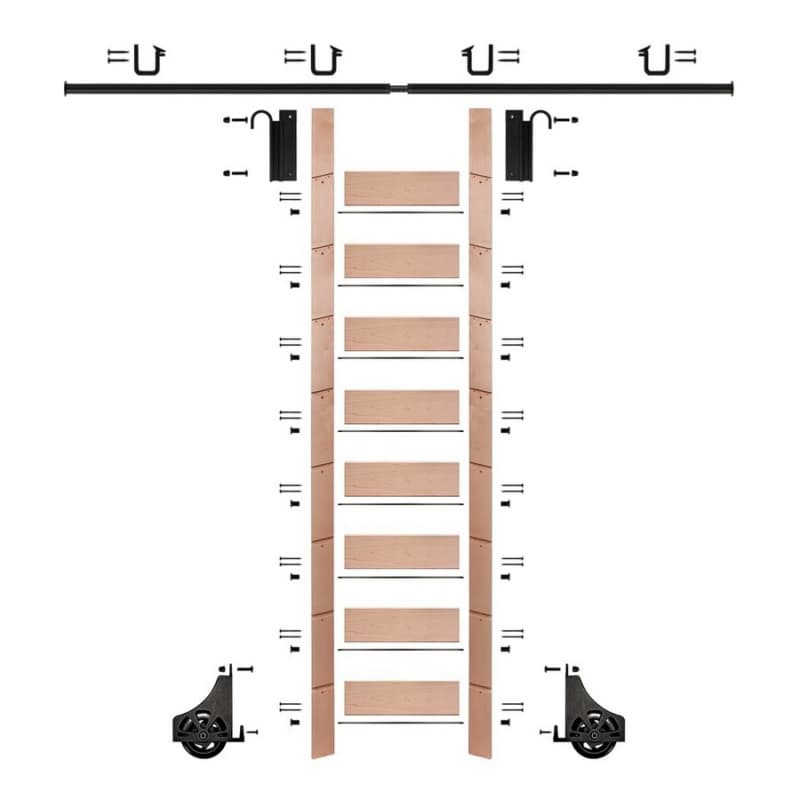 107" Clear Prefinished Red Oak Library Ladder/Sliding Hook Ladder Kit with 8' Rail, Black