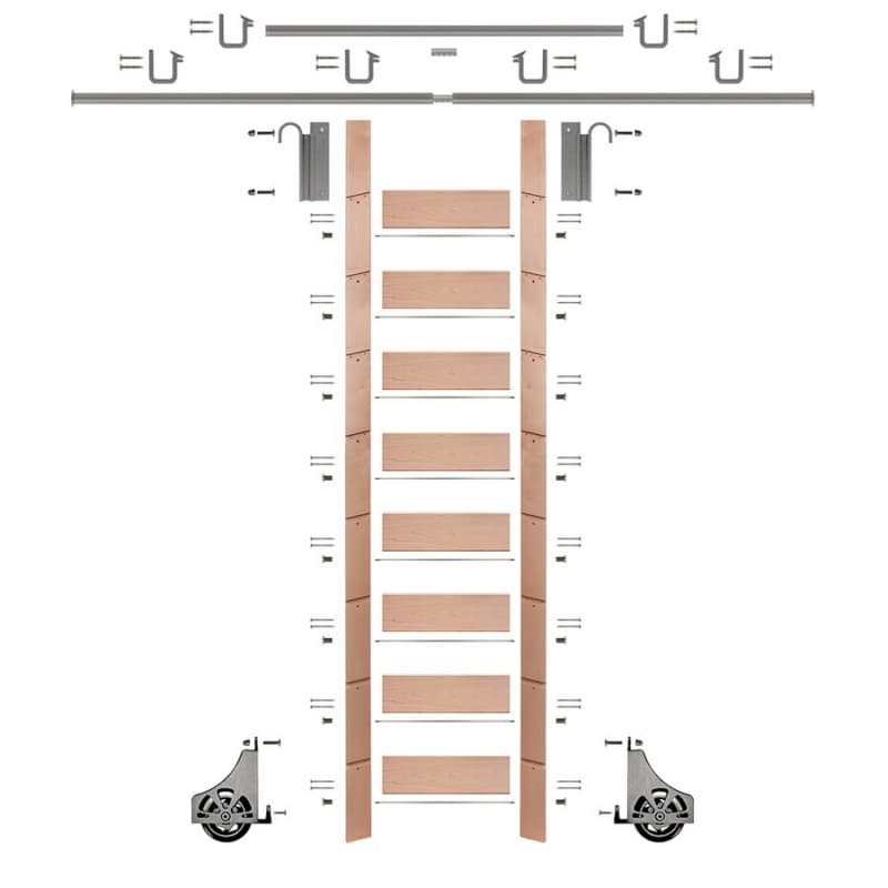 107" Clear Prefinished Red Oak Library Ladder/Sliding Hook Ladder Kit with 12' Rail, Satin Nickel
