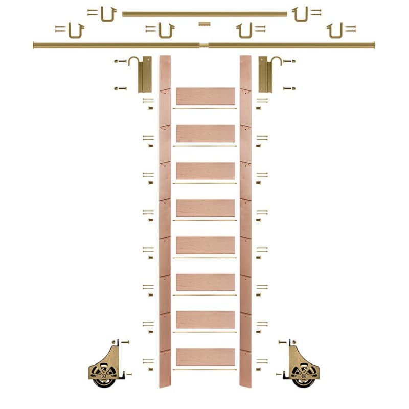 107" Unfinished Red Oak Library Ladder/Sliding Hook Ladder Kit with 12' Rail, Polished Brass