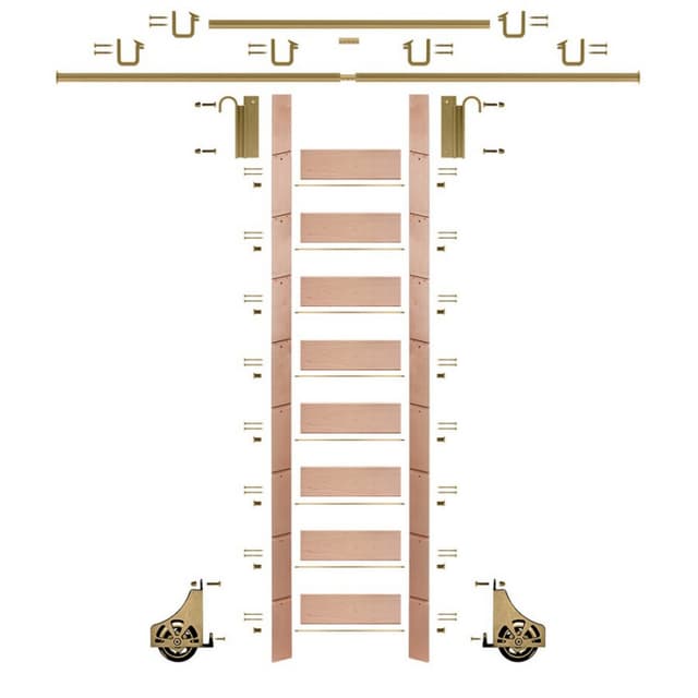 Unassembled 107" Tall Library Ladder with Mounting Hardware, Unfinished Red Oak, Quiet Glide