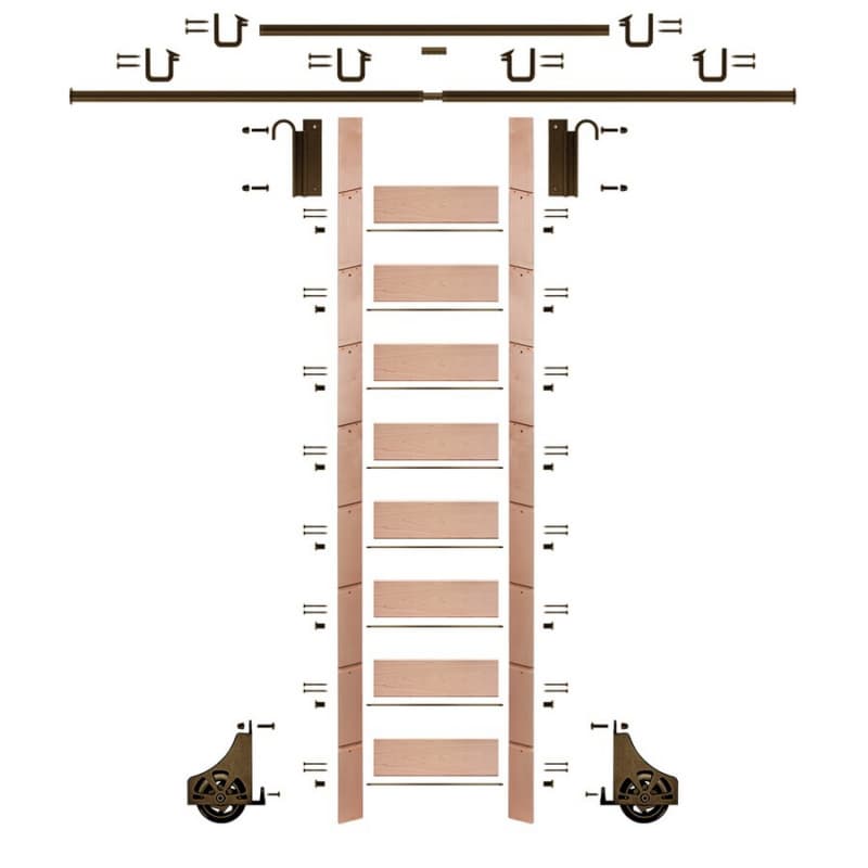 107" Clear Prefinished Red Oak Library Ladder/Sliding Hook Ladder Kit with 12' Rail, Bronze