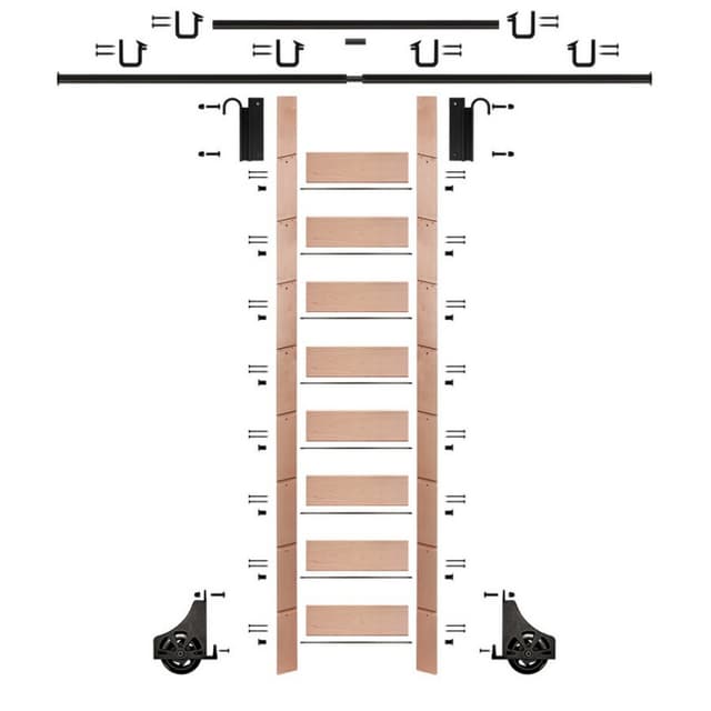 Unassembled 107" Tall Library Ladder with Mounting Hardware, Pre-Finished Red Oak, Quiet Glide