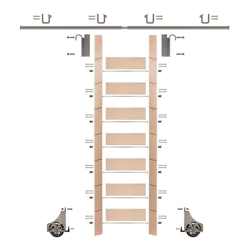 92" Unfinished Maple Library Ladder/Sliding Hook Ladder Kit with 8' Rail, Satin Nickel