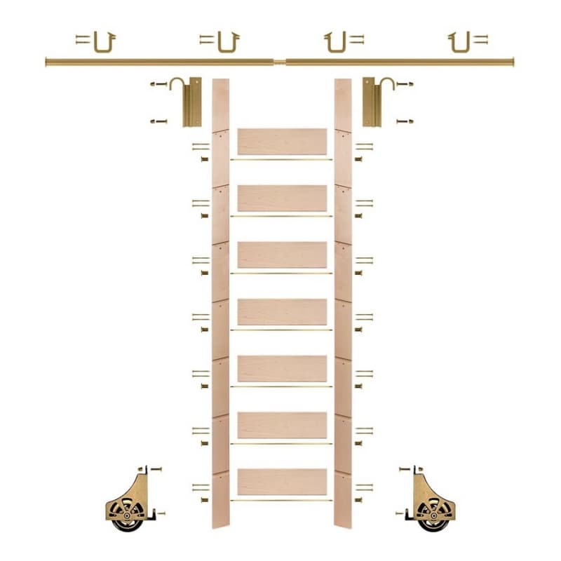 92" Clear Prefinished Maple Library Ladder/Sliding Hook Ladder Kit with 8' Rail, Polished Brass